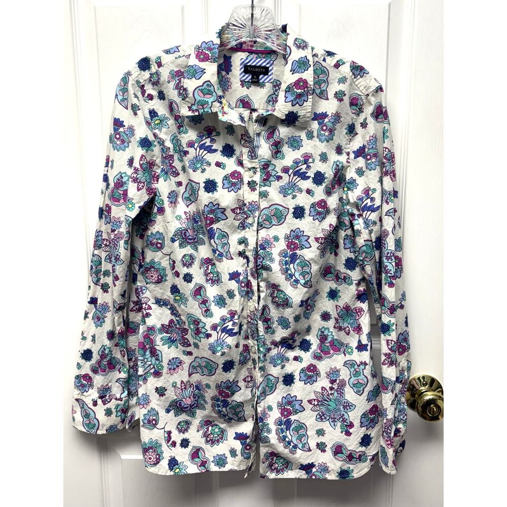 Talbots 100% Cotton White Blouse with Teal, Purple & Pink Paisley Print